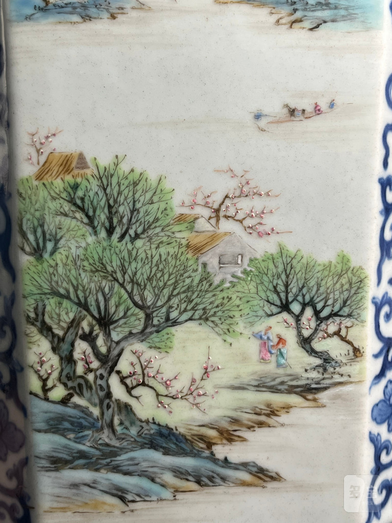 清乾隆  青花八吉祥开光洋彩“四时燕居”图诗文八方瓶 - 图14